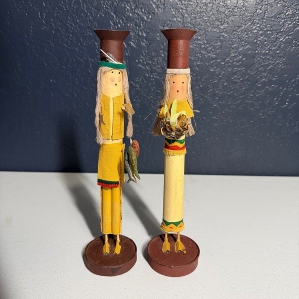 Unbranded Native American Style Candle Holders 11"‎ Yellow Folk Art Figures
